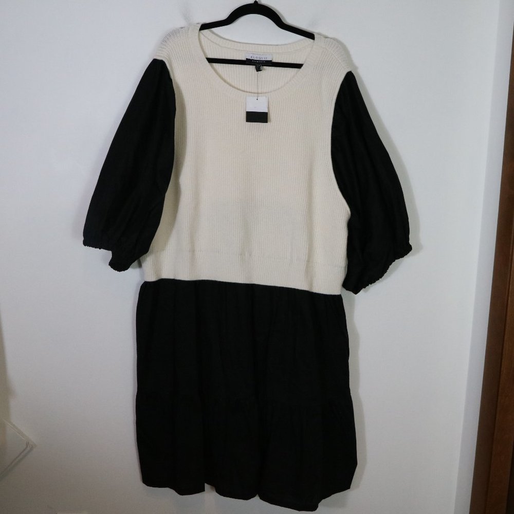 Eloquii Elements Twofer Poplin Dress‎ Sweater Size 26 28 Black Cream Puff Sleeve